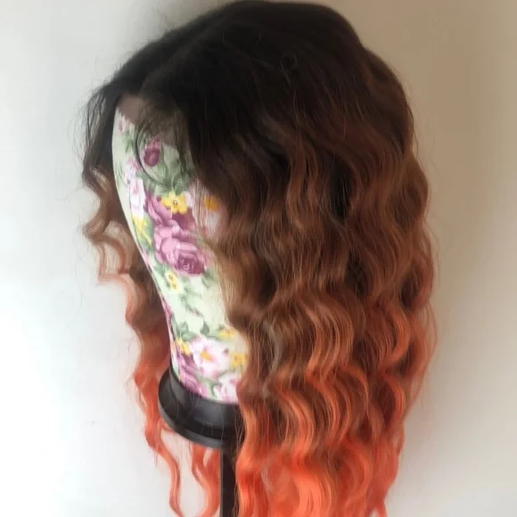 30” ORANGE BROWN OMBRÉ CELEB WAVY LACE-FRONT WIG